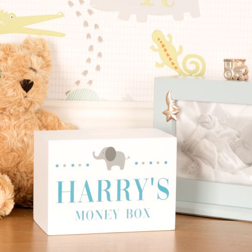 Baby Boys Elephant Design Personalised Wooden Money Box Personalised