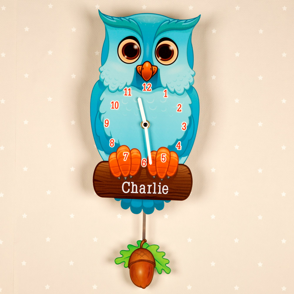 Personalised Blue Owl Pendulum Wall Clock Nursery Clocks