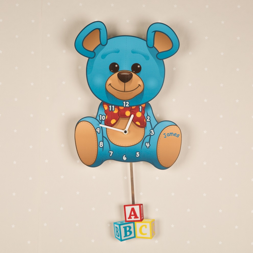Personalised Blue Teddy Bear Pendulum Wall Clock Nursery Clocks
