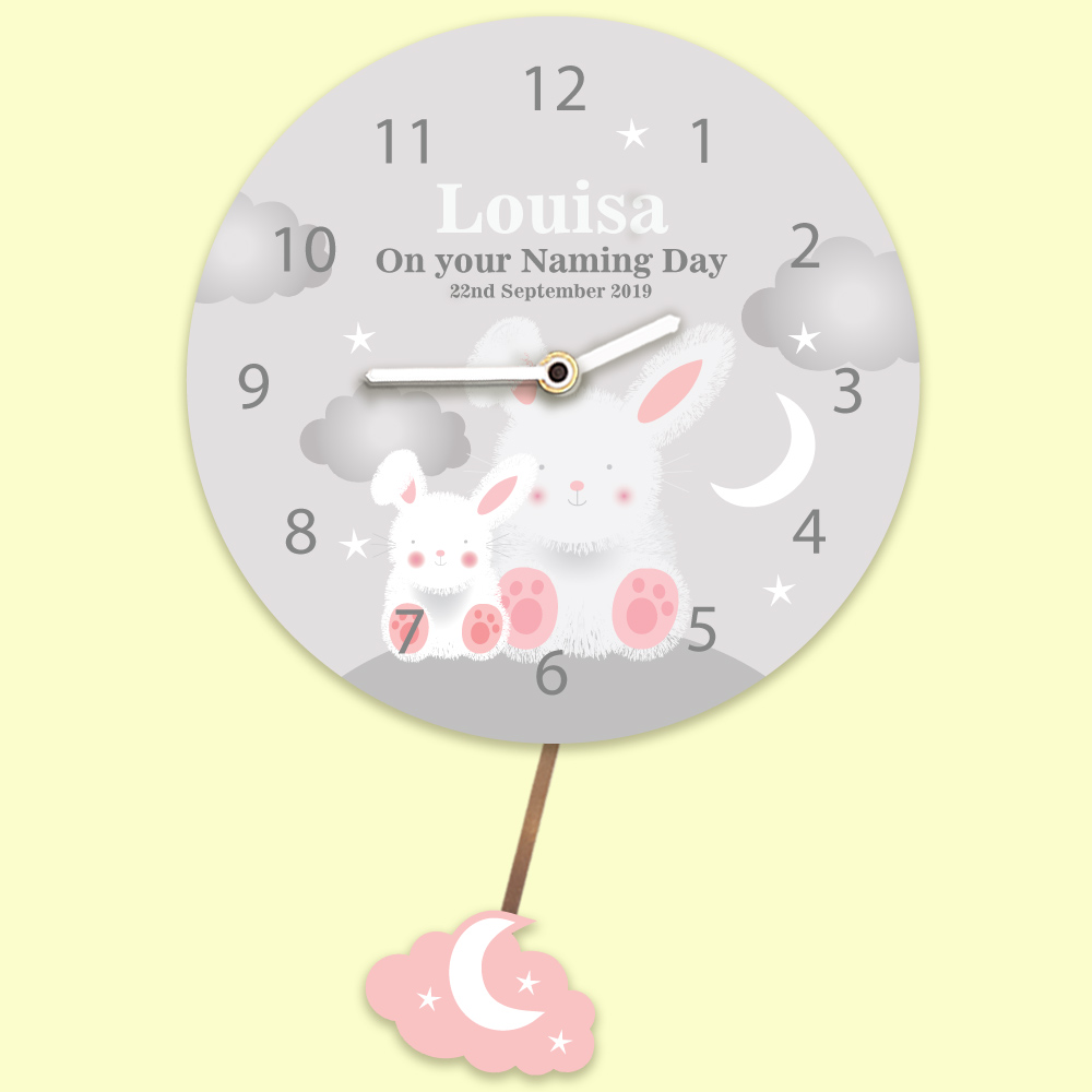 Personalised Children's Pendulum Wall Clock Baby Bunny Pink