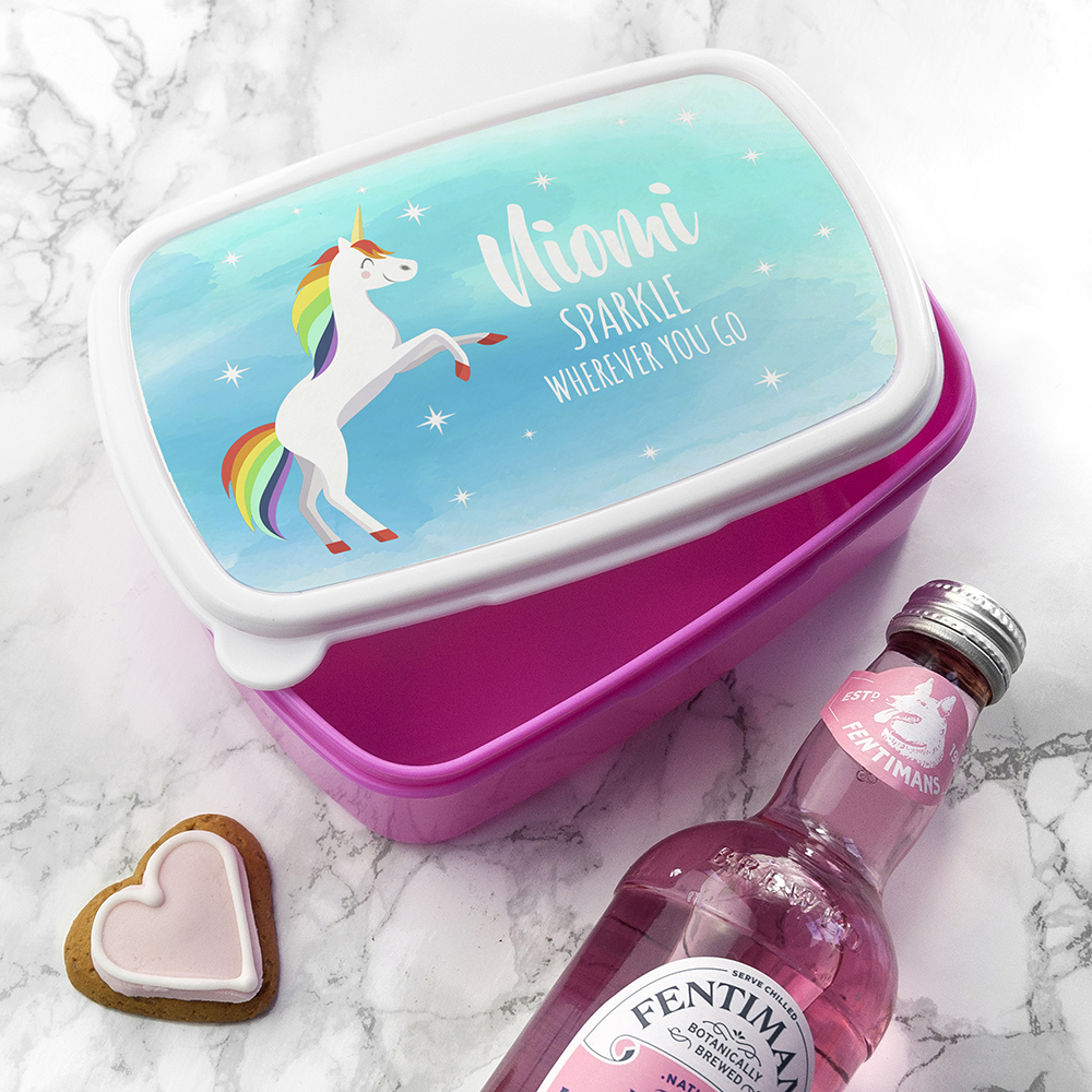 Personalised Rainbow Unicorn Lunch Box PersonalisedKidsGifts.co.uk