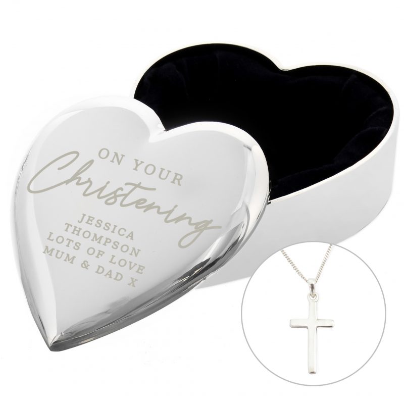 Personalised Christening Heart Trinket Box & Cross Necklace Set - Image 3