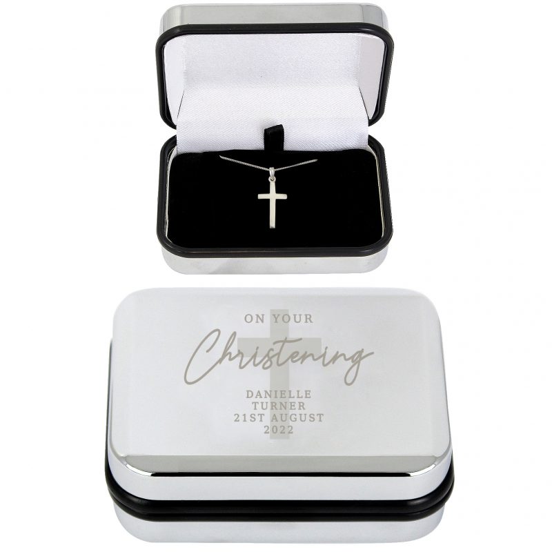 Personalised Christening Trinket Box & Sterling Silver Cross Necklace Set