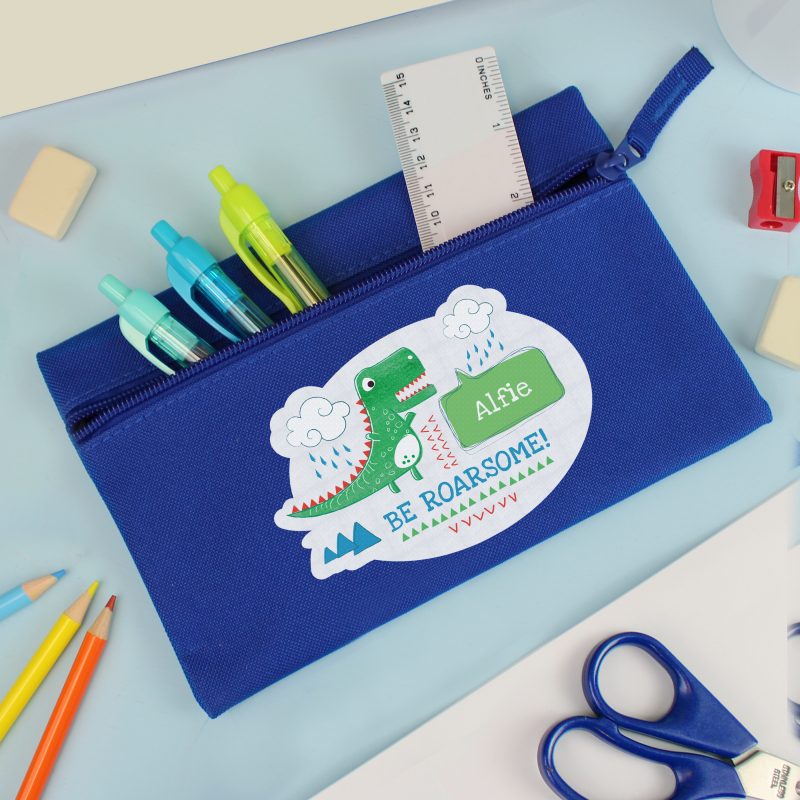Personalised 'Be Roarsome' Dinosaur Blue Pencil Case - Image 2