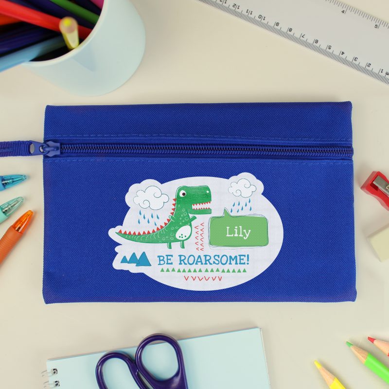 Personalised 'Be Roarsome' Dinosaur Blue Pencil Case - Image 3