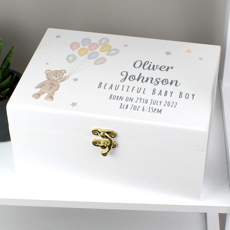 Personalised Teddy & Balloons White Wooden Keepsake Box - Image 3