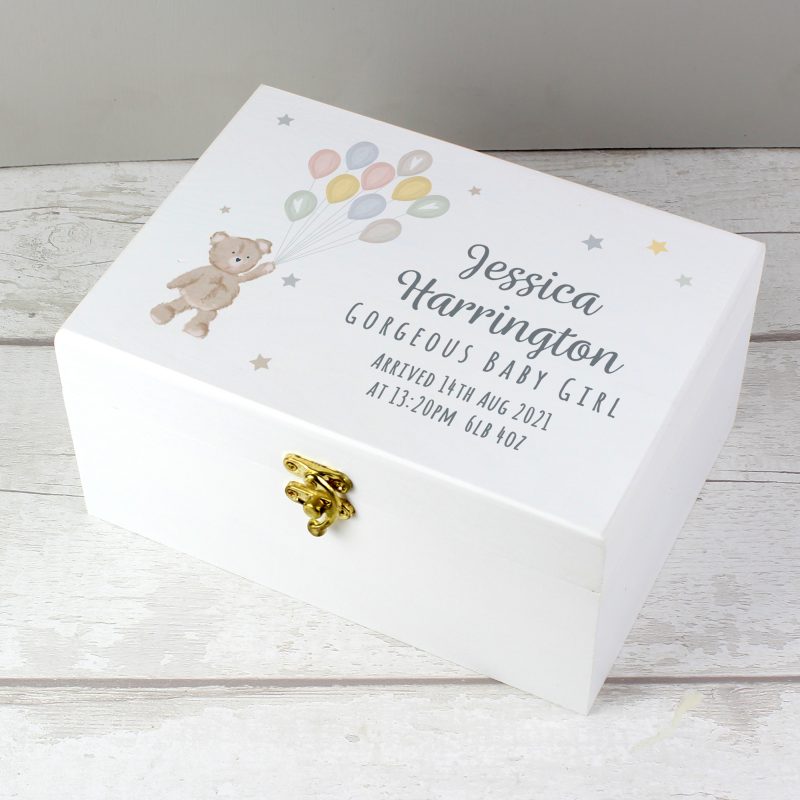 Personalised Teddy & Balloons White Wooden Keepsake Box - Image 4