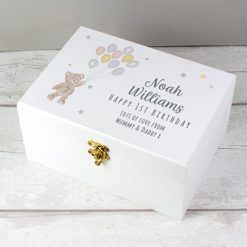 Personalised Teddy & Balloons White Wooden Keepsake Box - Image 5