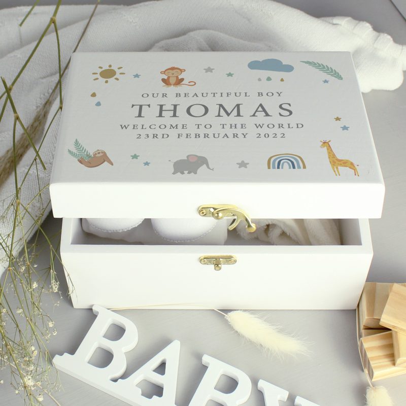 Personalised Safari Animals White Wooden Keepsake Box - Image 3