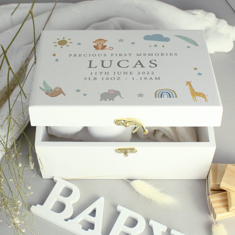 Personalised Safari Animals White Wooden Keepsake Box - Image 5
